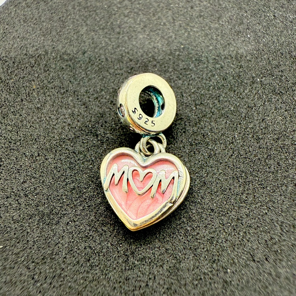 Sterling Silver “MOM” Heart Dangle Charm with Pink Enamel – New